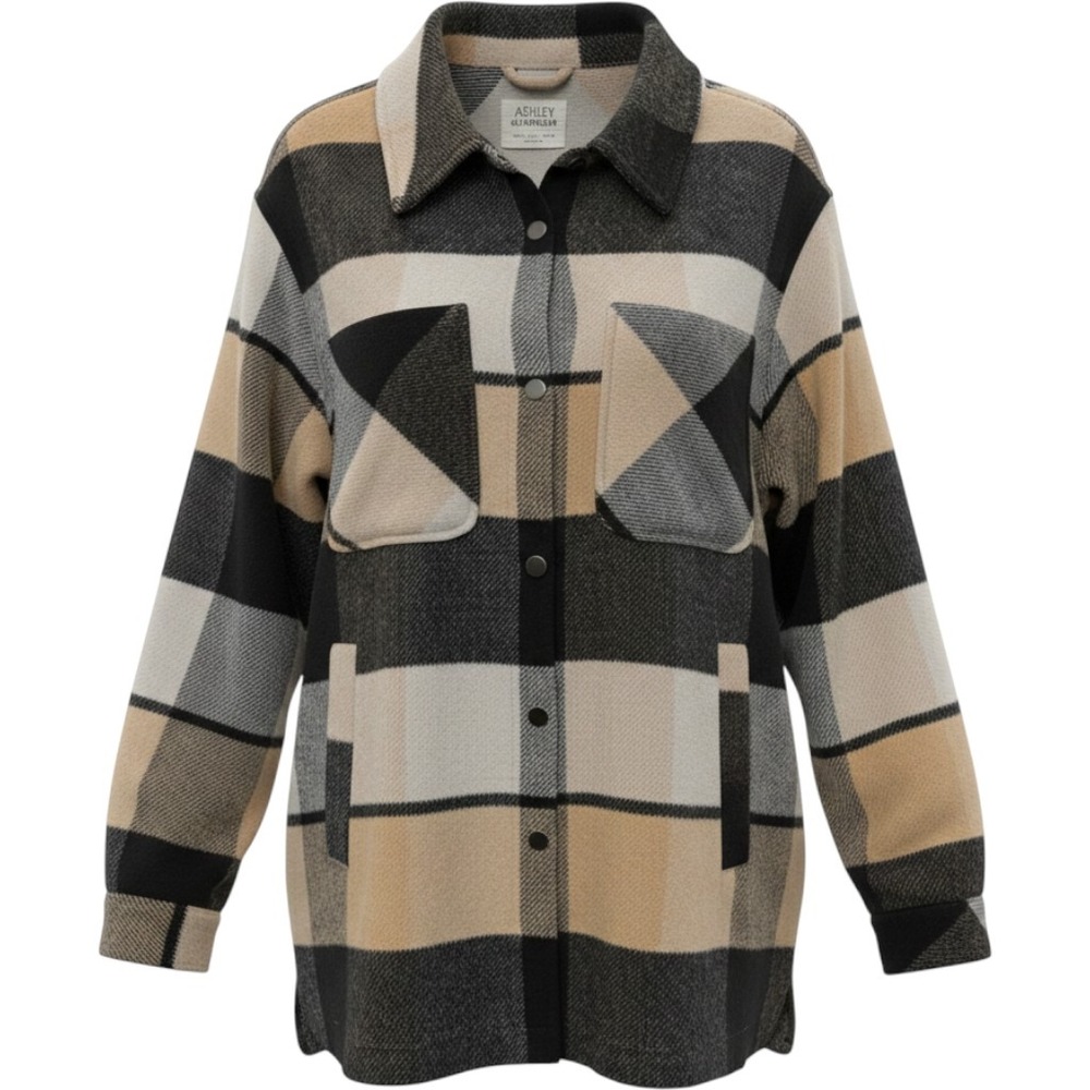 Ashley by 26 International Plaid Shacket Tan Black Cream Fleece Jacket Womens L